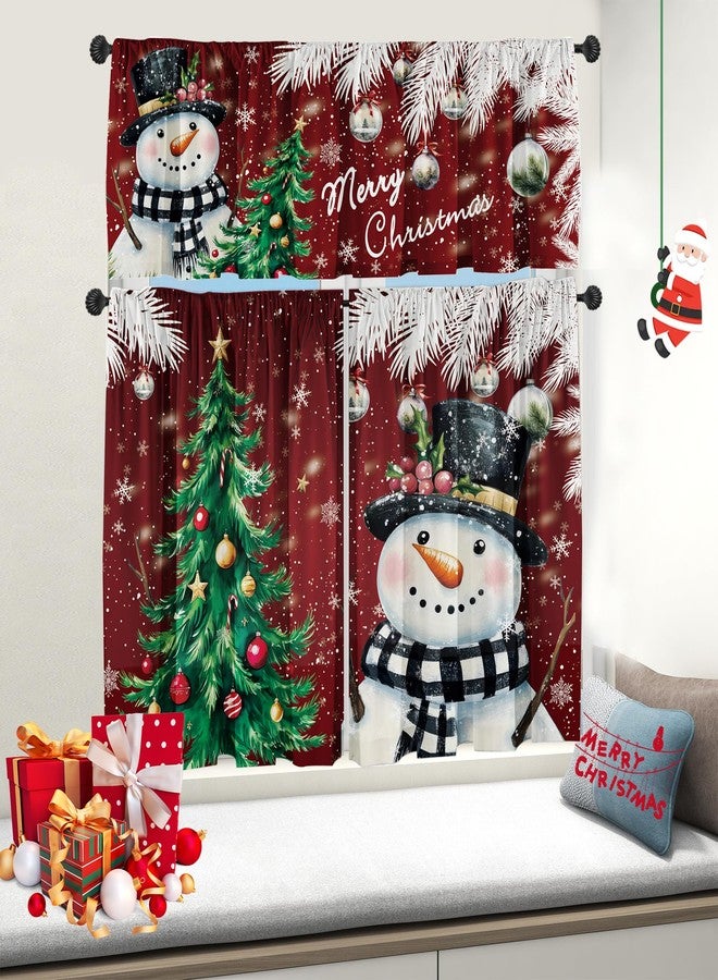 Deztibos Christmas Kitchen Tier Curtains and Valance Set, Snowman Xmas Tree Bird Snowflake Rustic Wood Grain Curtain Tiers Set for Living Room Cafe Rod Pocket Window 3 Piece, 52''x18''+26''x36''x2 - Image 5
